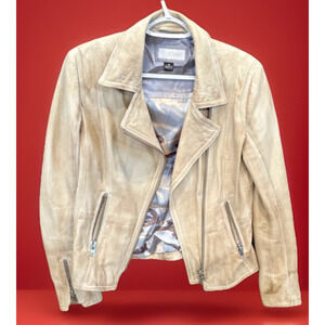 SCHYIA Distressed Lambskin Leather Moto Jacket Tan Beige Camo Lined Small 38